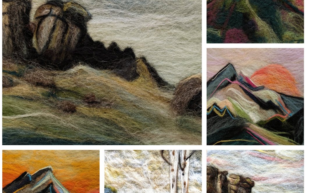 A collage of needlefelted Yorkshire landscapes by Philippa, including the Cow and Calf rocks